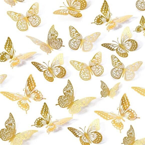3D Butterfly Wall Decor 48 Pcs 4 Styles 3 Sizes, Gold Party Cake Decorations - Picture 1 of 7